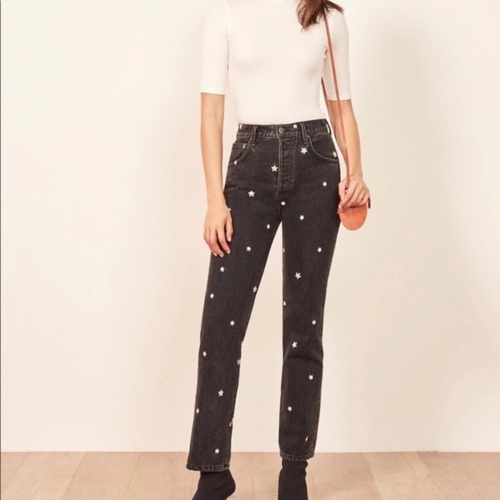 Reformation Cynthia High Relaxed Black Daisy Jeans Size 27 - Picture 2 of 16